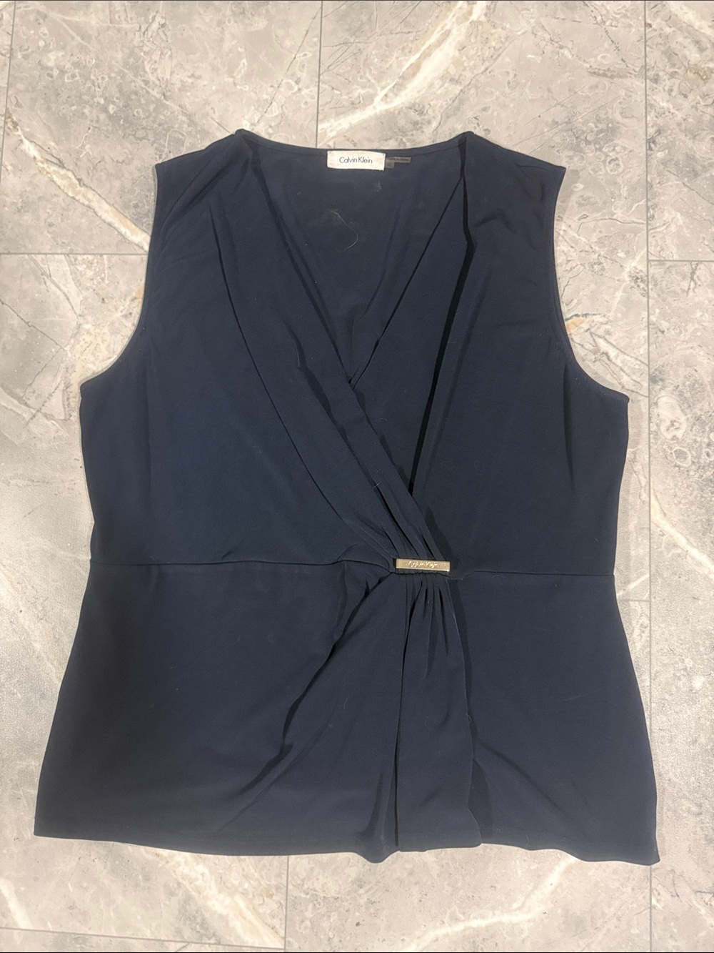 Calvin Klein Navy Sleeveless Surplice Top with Metal Accent
